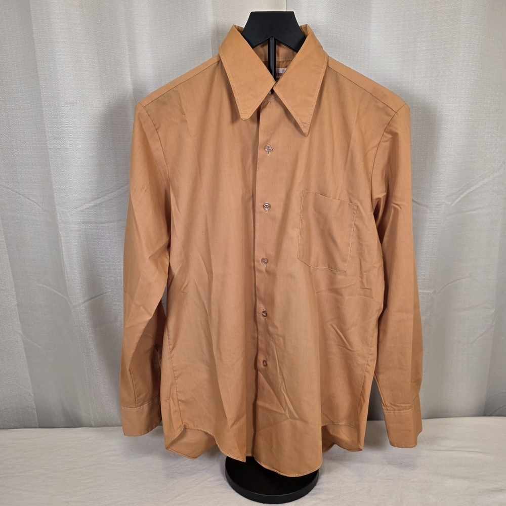 Vintage 70s Dagger Collar Button Up Shirt Tan Brown Retro